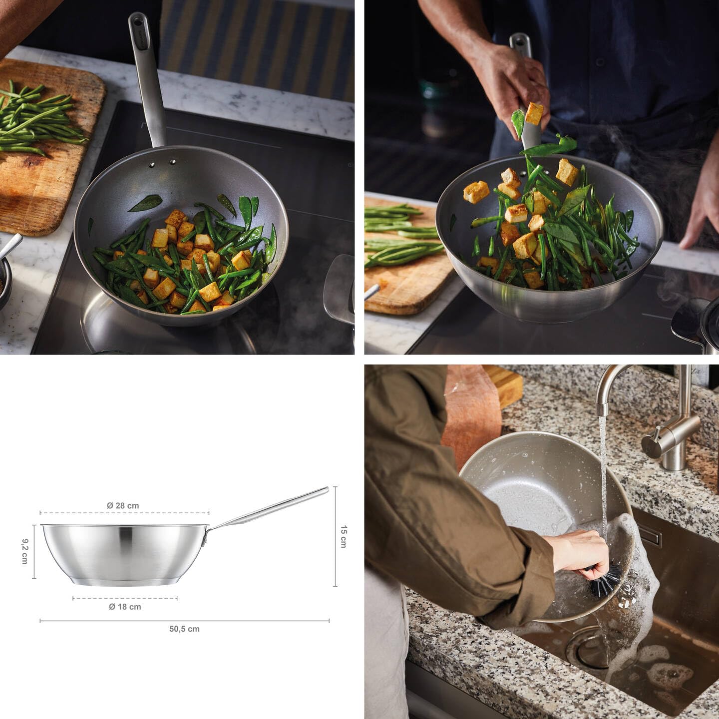Fiskars Padella Wok, Ø 28 cm / 4,5 L, Padella Rivestita, Adatta per Tutti i Piani Cottura, Acciaio Inox Riciclato, All Steel, Argento, 1064747