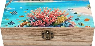 Island Corals Wooden Keepsake Box Memory Box Jewelry Letters Rustic Memento Storage Boxes with Hinged Lid for Wedding, Anniversary, Birthday, Graduation & Retirement Gifts