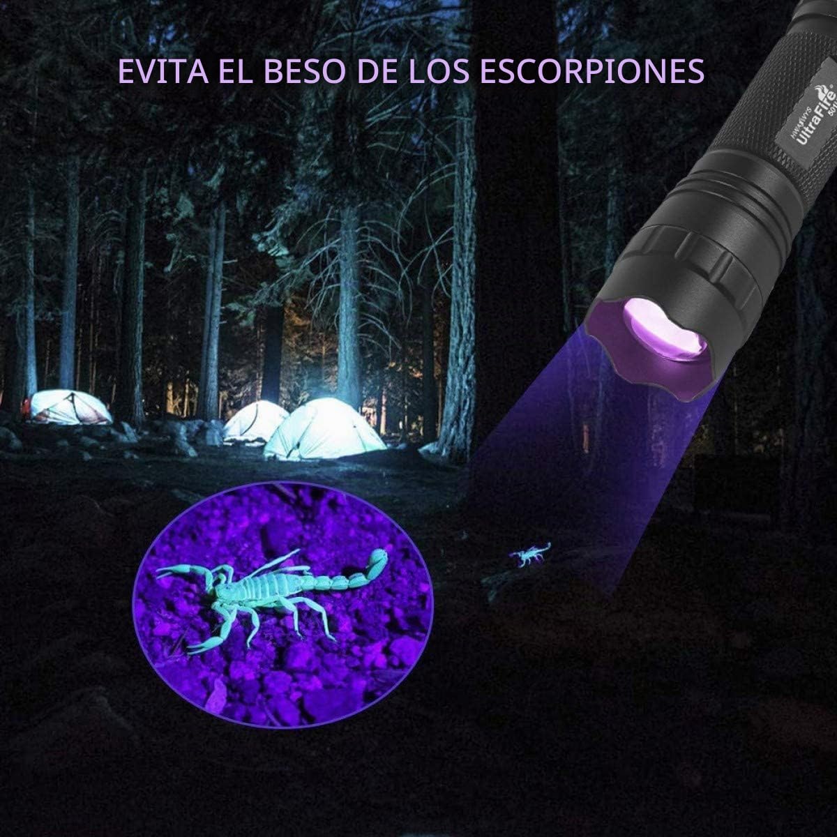 Ultrafire Linterna UV 395-405 nm Luz UV con Regulación de Intensidad Continua, Lámpara Ultravioleta de Enfoque Ajustable, para Curado de Resinas, Detección de Fugas, Manchas de Orina de Mascotas