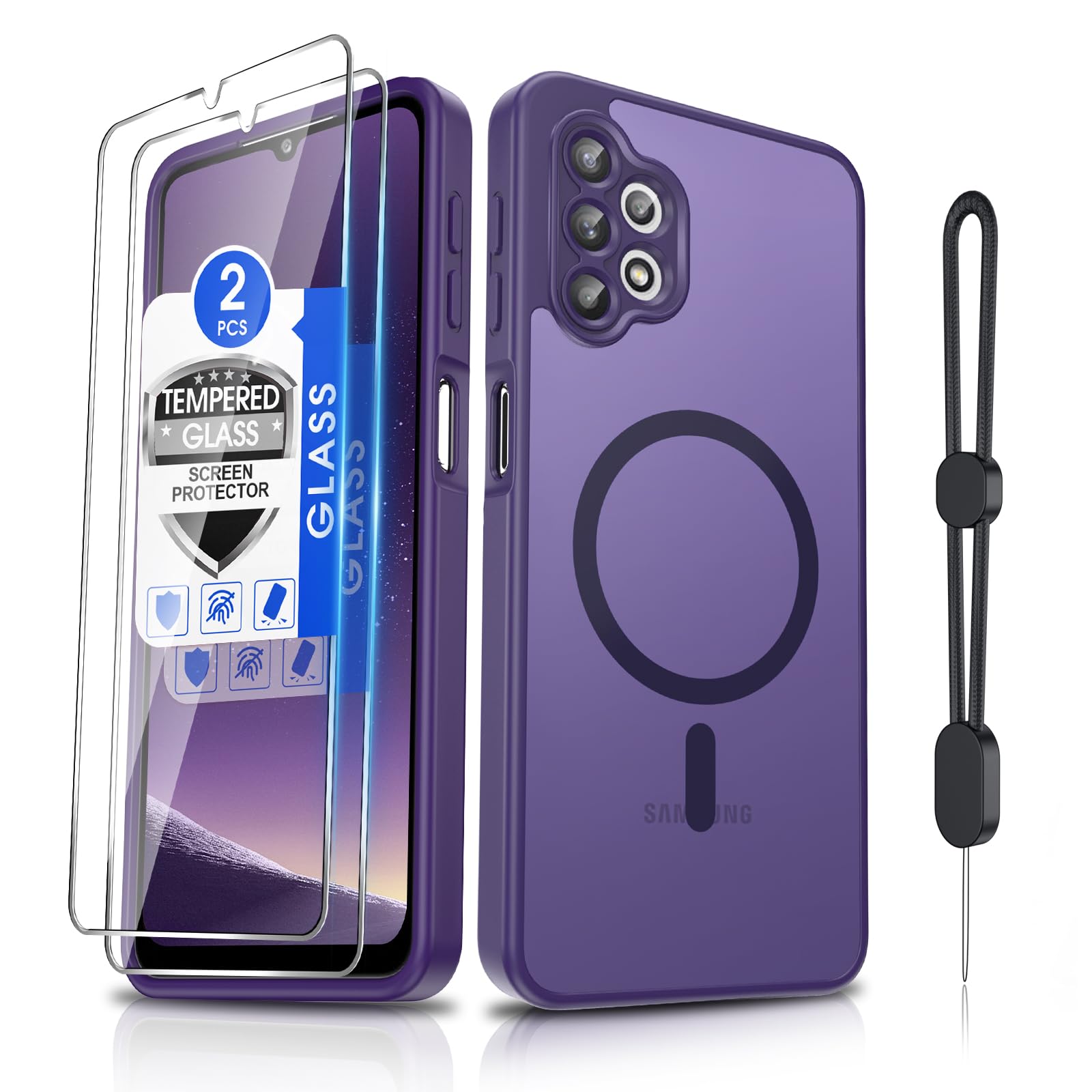 Dizn Magnetic for Samsung Galaxy A32 Phone Case:[Not Fit 4G] Fit for MagSafe Wireless Charging,with Tempered Glass Screen Protector,Strap,Military-Grade Anti-Scratch,Funda para A32 5G,Dark Purple