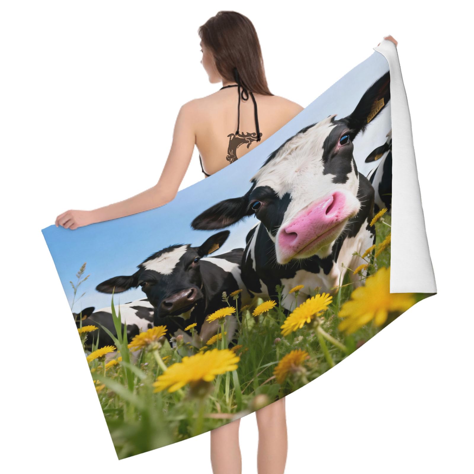 Leichong 3D Black White Cow Beach Towel Microfiber Soft Quick Dry for Adults, Farm Animal Bath Towel Lightweight Soft Absorbent for Travel Swimming Pool Sports, 75 x 150 cm