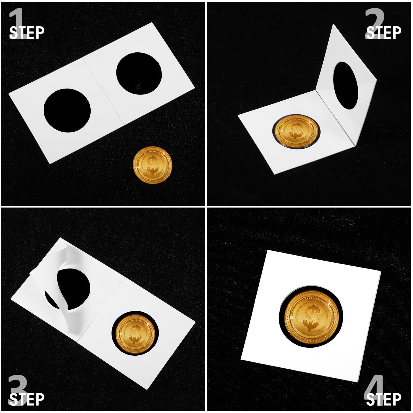 Outus 300 soportes autoadhesivos para monedas de cartón, 6 tamaños, 2 x 2 pulgadas, suministros de colección de monedas, accesorios de cartón para colección de monedas