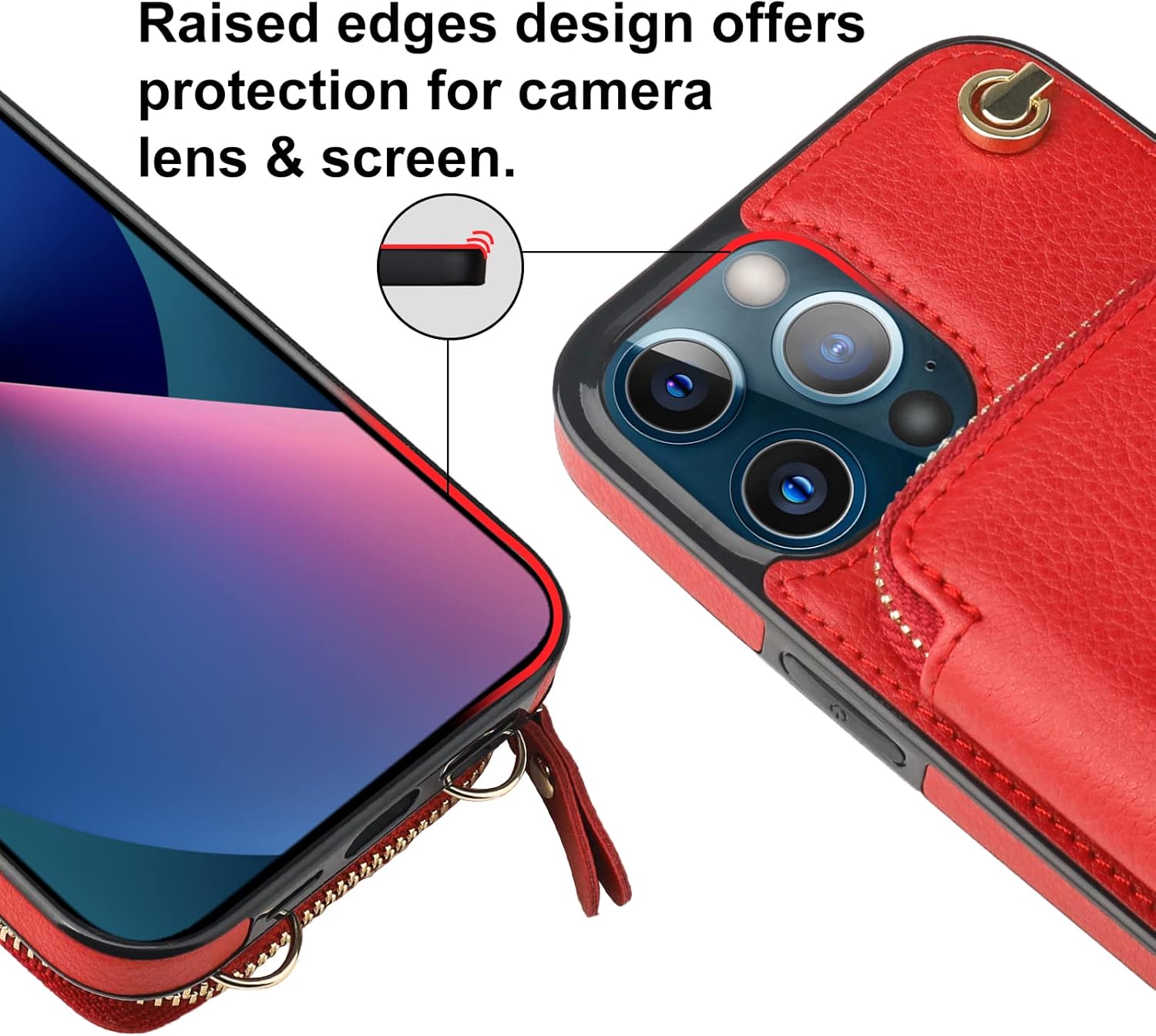 Bocasal Crossbody Wallet Case for iPhone 13 Pro Max, RFID Blocking Leather Purse Case with Card Holder, Protective Handbag Flip Cover with Zipper Wrist Strap Lanyard for Women 5G 6.7 Inch (Red)