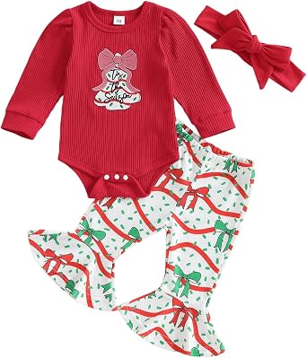 My First Christmas Baby Girl Outfit Newborn Puff Long Sleeve Ribbed Knit Romper Flare Pants Headband 3Pcs Set