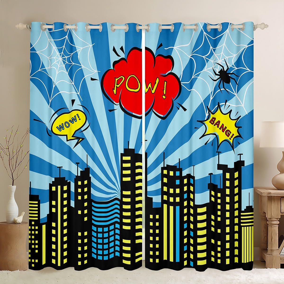 Manfei Cartoon Building Kids Blackout Curtains,Black Spider Curtains for Boys Teens Men,Hero Theme Modern Fashion Living Room Bedroom Decor Window Treatment Drapes,Top 2 Panels,46Wx54L