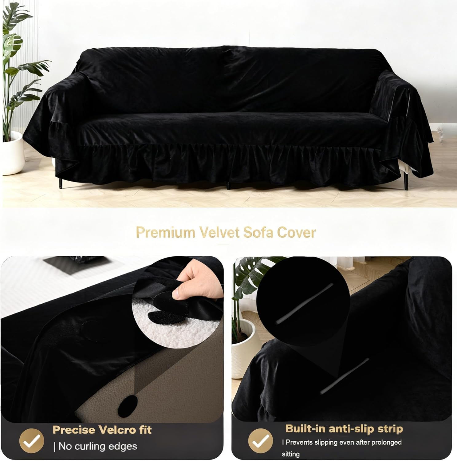 Velvet Couch Throw Cover with Elegant Ruffle Skirt, 78.7x118 Luxurious 280 GSM Heavyweight Sofa Throw for Loveseat and Large Armchair, Vintage Farmhouse Reading Chair Cover,Black