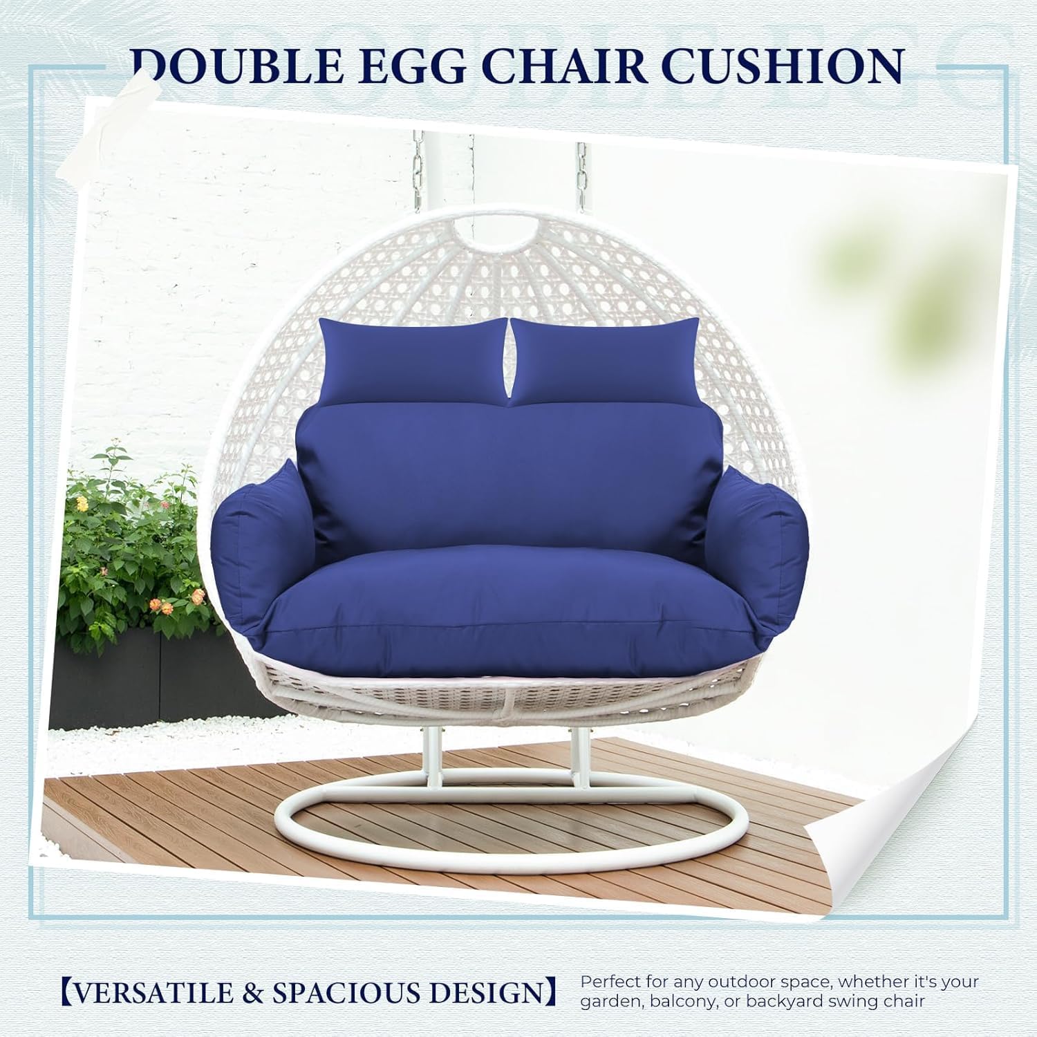 Waterproof Double Egg Chair Cushion Replacement for Patio 2 Person Hanging Egg Chair - Quick-Drying, Weather-Resistant, Soft Cotton Filling, Machine Washable (Blue)