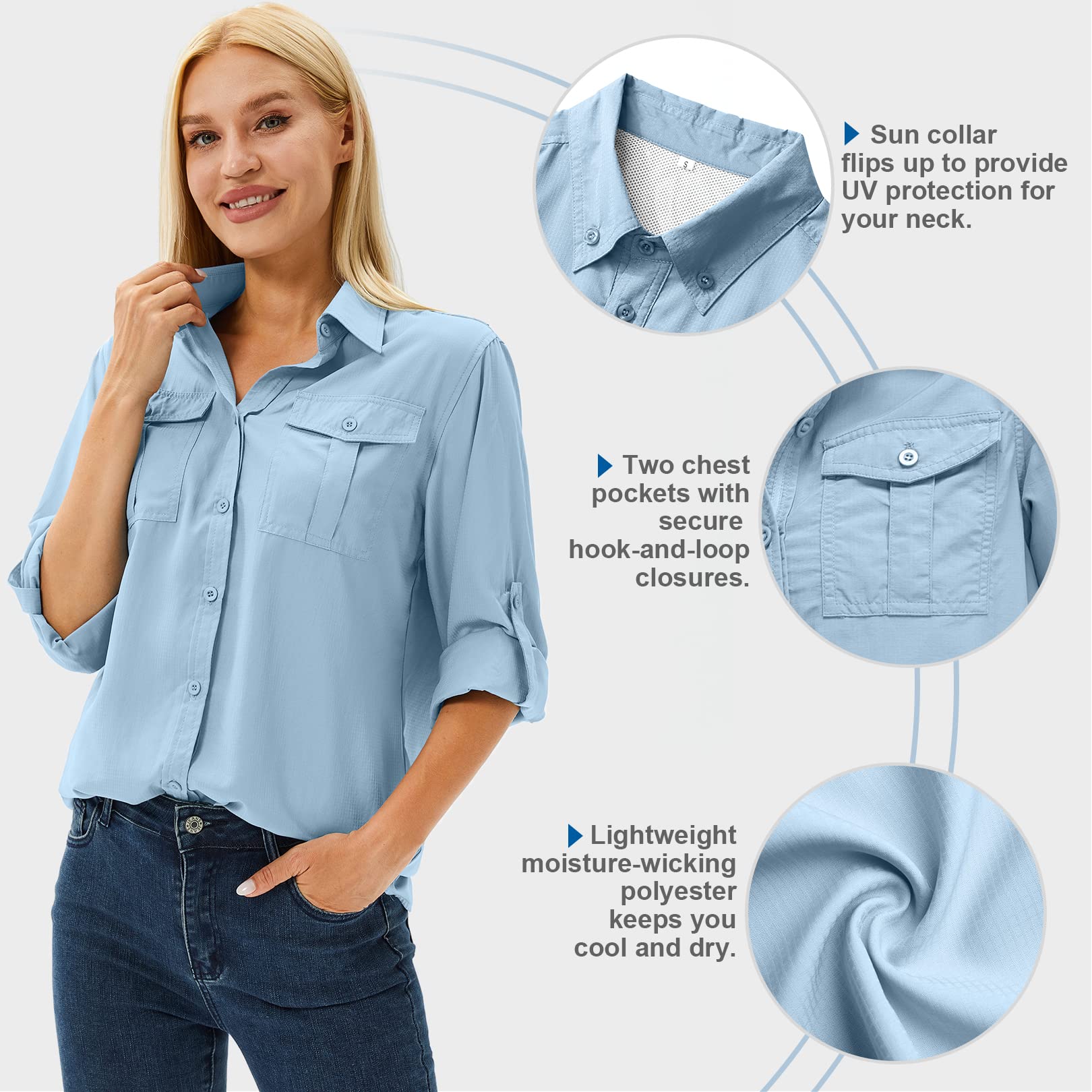 Camicia da donna UPF 50+, protezione solare, abbigliamento da donna, a maniche lunghe, traspirante, per attività all'aria aperta, Cool Quick Dry