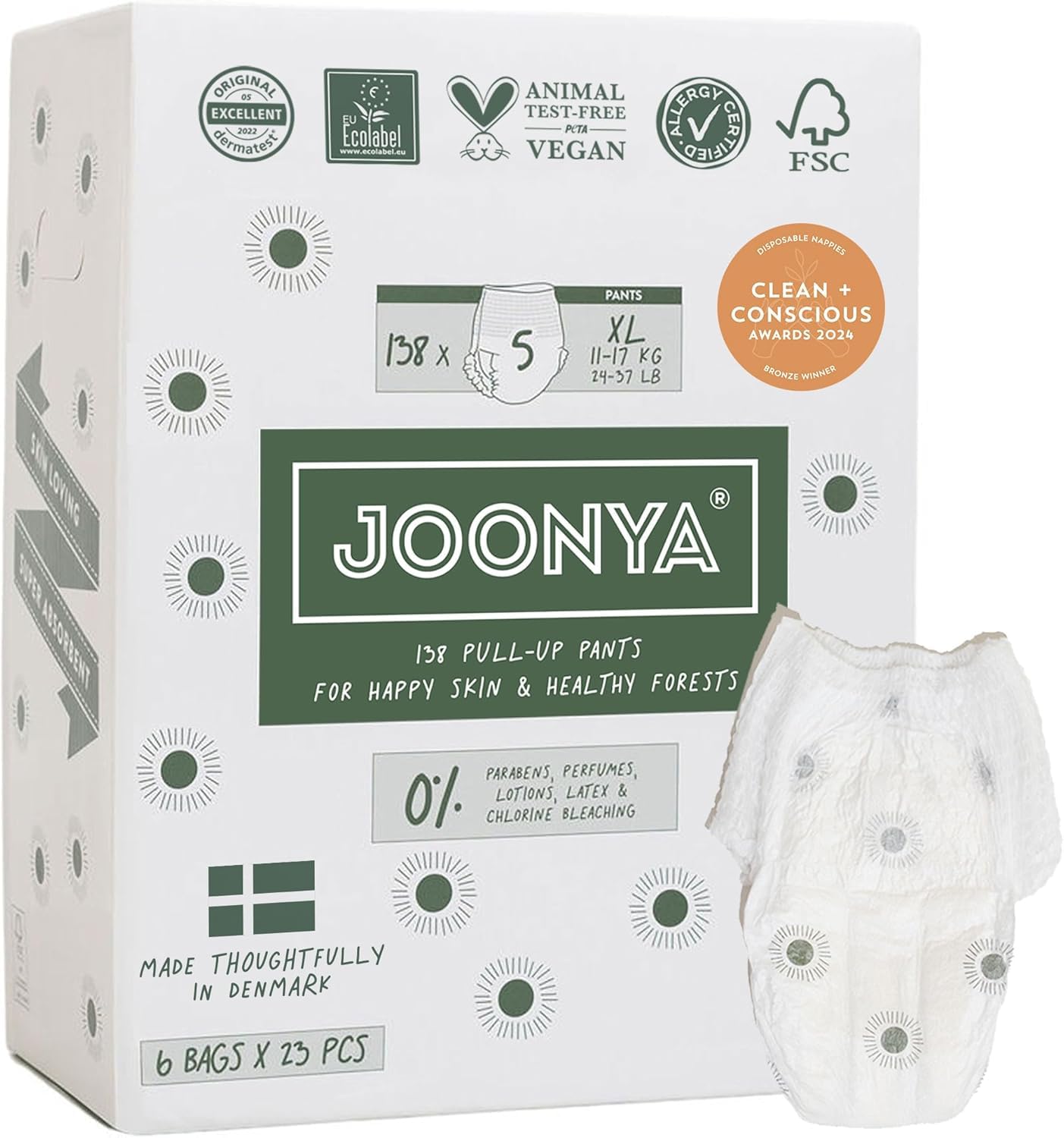 Joonya Höschenwindeln, Größe 5 XL (11-17 kg) - 6 Beutel mit 23 Stück (138) - Schadstofffrei, Umweltfreundlich, Ultraflach, Für die Nacht - Hergestellt in Dänemark