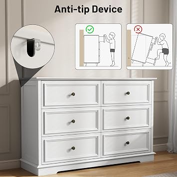 White Dresser, 6 Drawer Dressers for Bedroom, Wide Chest of Drawers with Deep Drawers, Closet Dressers with Metal Handle, Wood Dresser for Living Room, Hallway, Closet