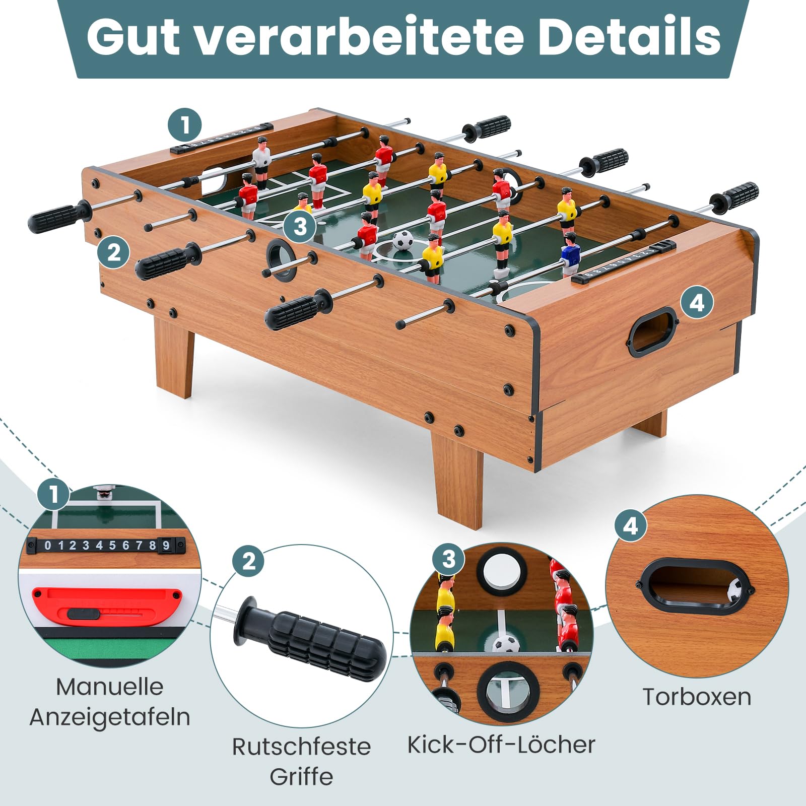 COSTWAY Stół do gry 4 w 1, stół do gry w piłkarzyki, stół bilardowy, stół do hokeja i stół do tenisa stołowego, wielofunkcyjny stół z drewna, do pokoju zabaw, barów, na imprezy, stół do gry w