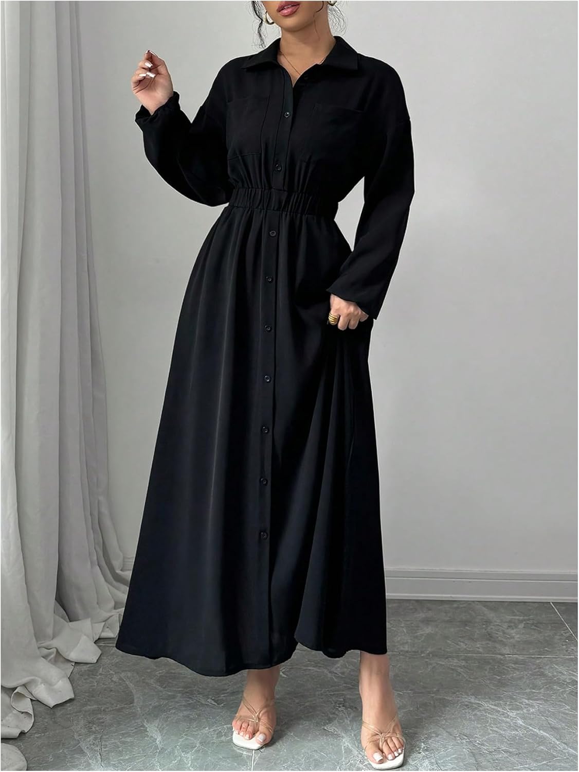 Milumia Women's Long Sleeve Button Down Collared Shirt Dress Cinched Waist A Line Flowy Maxi Dress with Pockets - Image 2
