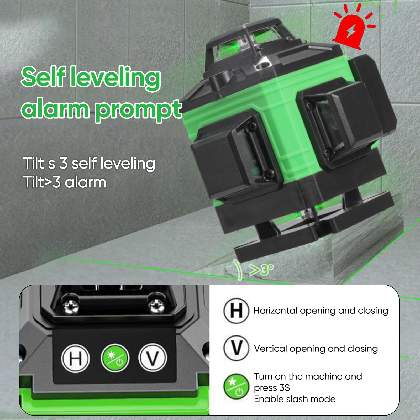 Nivel Láser Autonivelante 360° x 4 Grados Verdes - 4D 3° Tank High Accuracy Rotativo con IP54 Anti-polvo y 2 Baterías