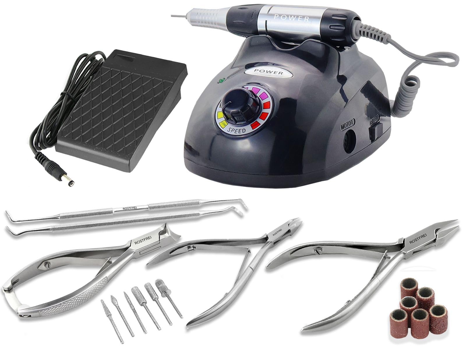 Profi Fußpflegegerät Pediküre-Fußpflege-Set & Nagelzangen-Set 25.000 U/min | Delux Hornhautentfernung und Nagelpflege mit starker Leistung 3 Fußpflege Nagelzangen und 2 verschiedenen Eckenheber