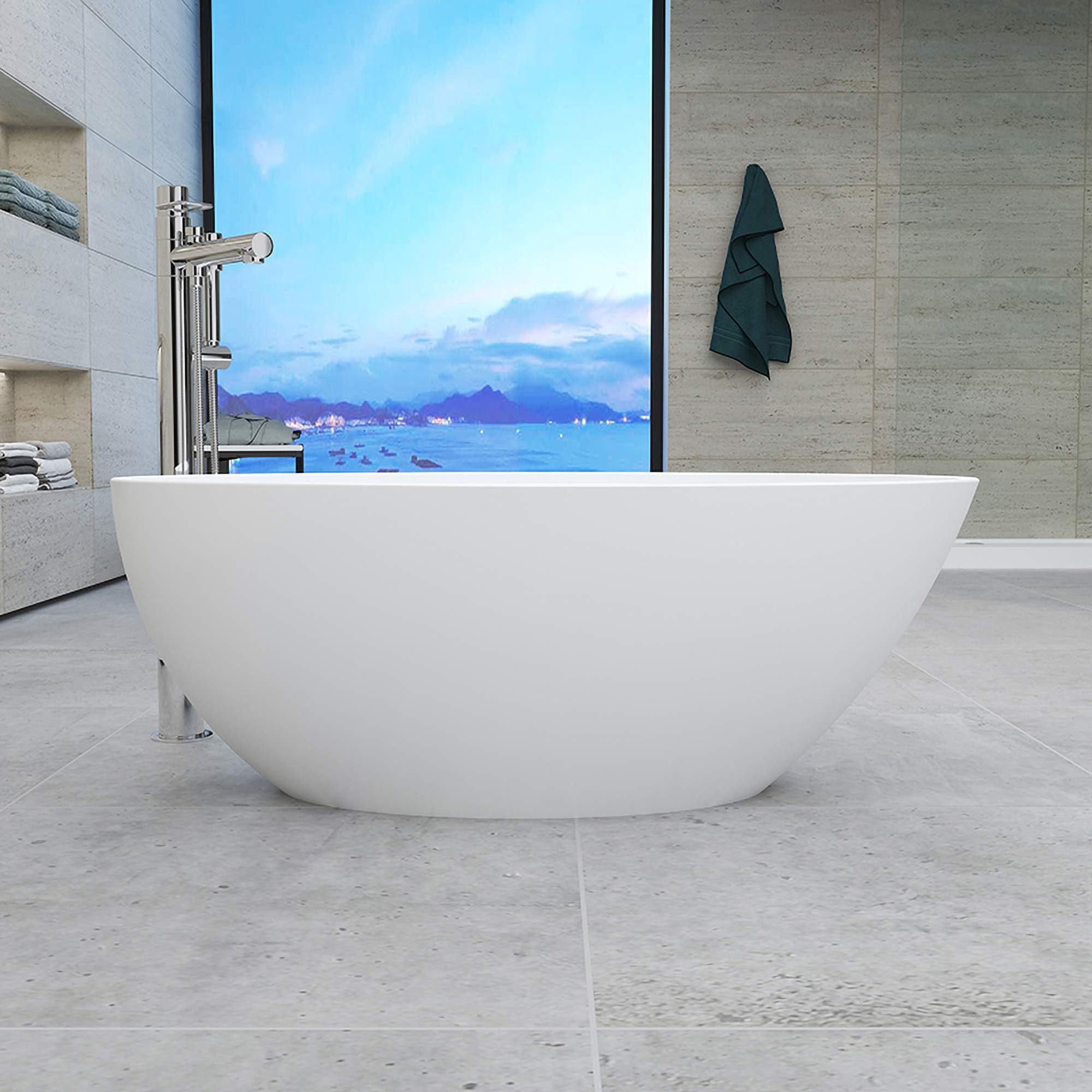 Vanity Art freestanding white acrylic bathtub with polished chrome slotted overflow and pop-up drain.