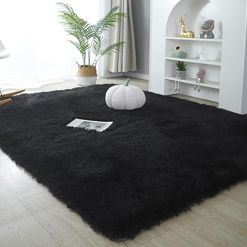 Medeunk 8x10 Area Rugs Black Super Soft Fluffy Upgrade Sponge Non-Slip No Shedding for Living Room Bedroom Girls/Boys Room Dorm Playroom Lounge Home Decor