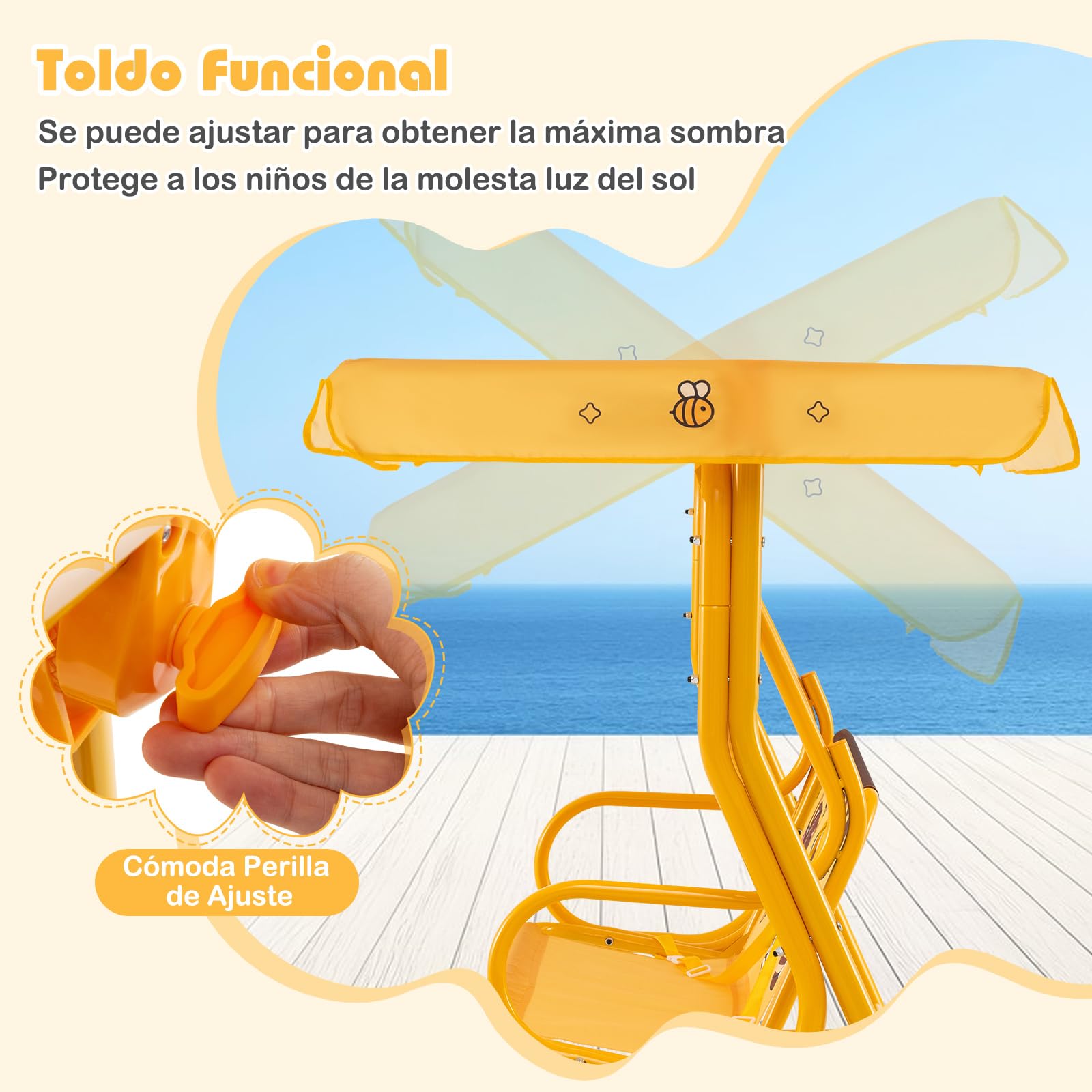 COSTWAY Columpio de Jardín Exterior para Niños de +3 Años, Balancín de 2 Plazas, Estructura Metálica, Dosel Ajustable y Cinturones de Seguridad, 112 x 76,5 x 111 cm, Carga 80kg (Naranja)
