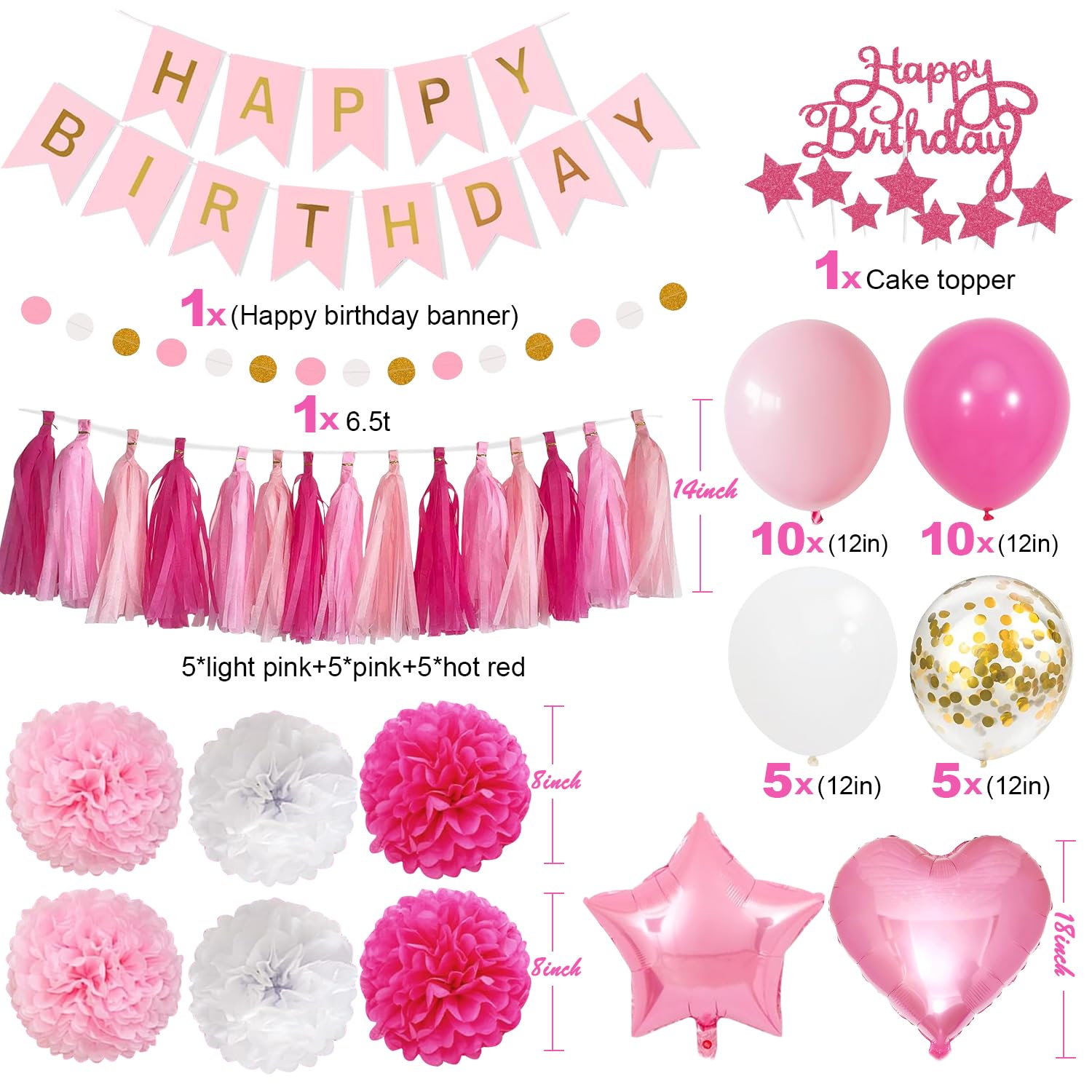 Pink Red Birthday Party Decorations Kit - FREE SHIPPING -2