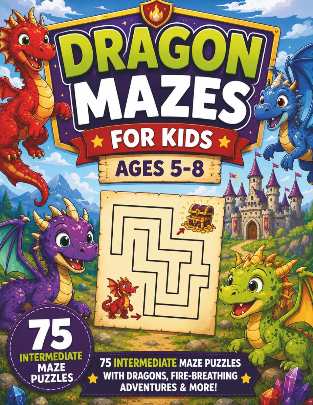 Dragon Mazes for Kids Ages 5-8: 75 Intermediate Maze Puzzles with Friendly Dragons, Hidden Treasures, and Magical Adventures