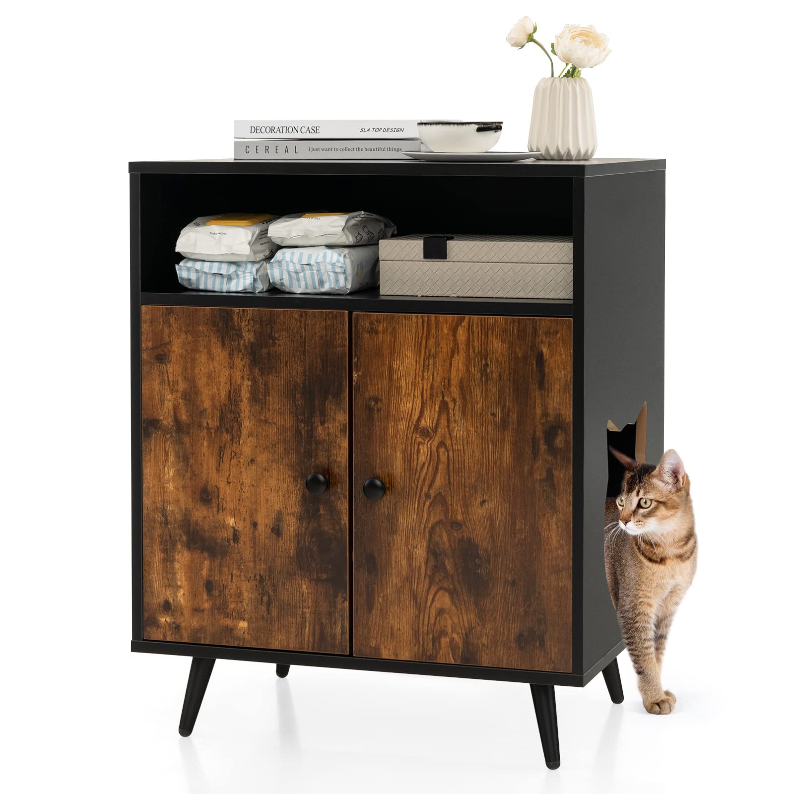 COSTWAY Mueble Moderno para Caja de Arena para Gatos, Escondite para Baño de Gato con Entrada, Compartimento Abierto, Gabinete de Madera para Muebles de Gato, en Interiores 60 x 45 x 75 cm