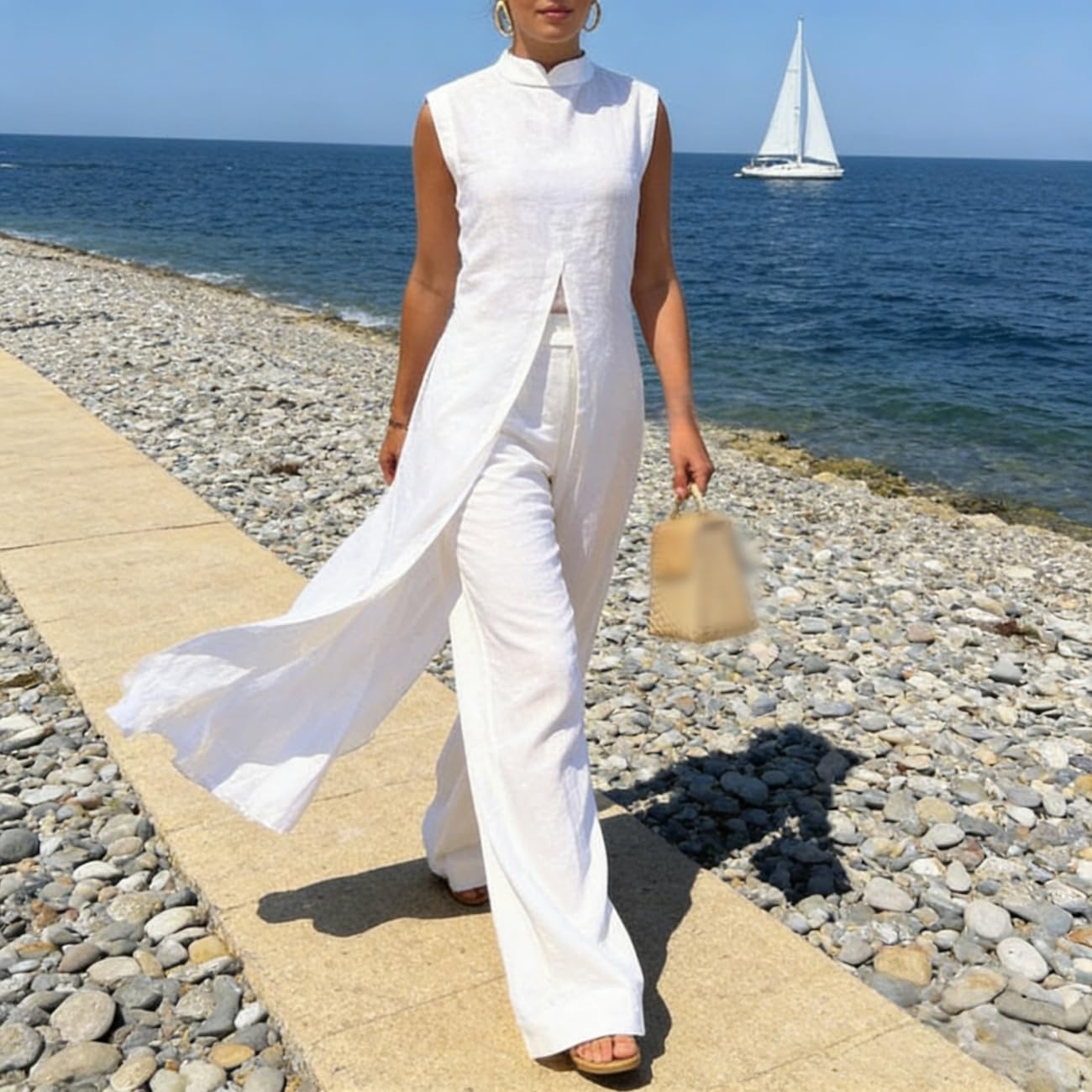 Traje de lino para mujer, elegante, mezcla de lino, cuello alto, abertura frontal, parte superior midi y cintura elástica, conjunto de pantalones sueltos, conjunto de lino de verano