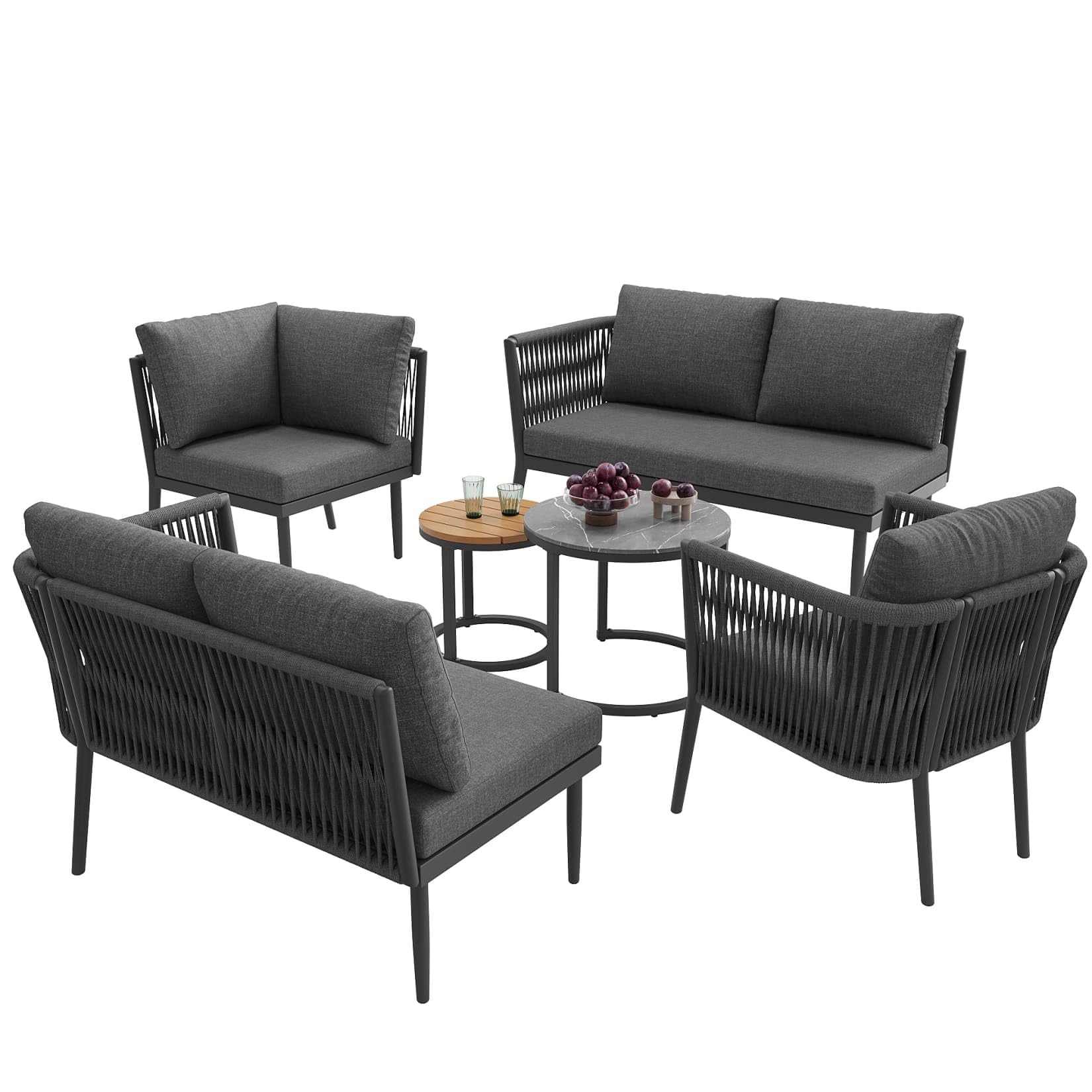 Salon de Jardin Exterieur Tissés 5-6 Personnes,Table Basse Gigogne Ronde avec 2 Petits Canapés 2 Places,2 Fauteuils Relax,Coussins Amovible Lavable,pour Terrasse,Balcon (Gris)