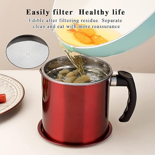 Miniatura 4 de Kyraton Recipiente de grasa de tocino con colador, recipiente de aceite de acero inoxidable rojo brillante de metal de 48 onzas, almacenamiento de