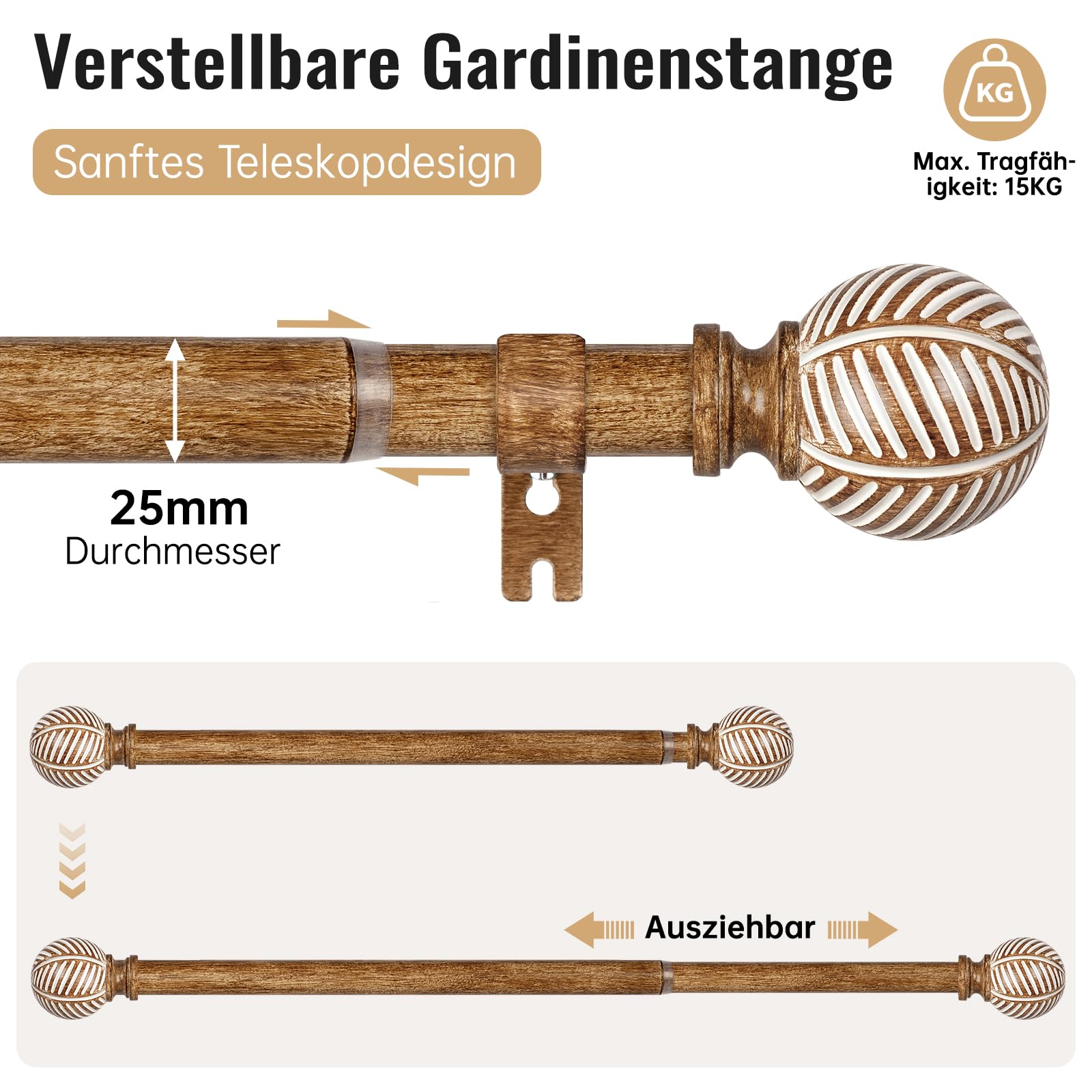 Uitschuifbare gordijnroede 76-350 cm, nieuwe verbeterde Dia 19 mm houtnerf gordijnroede met eindkap eindstukken voor ooggordijnen, decoratieve raamstokken voor slaapkamer, woonkamer