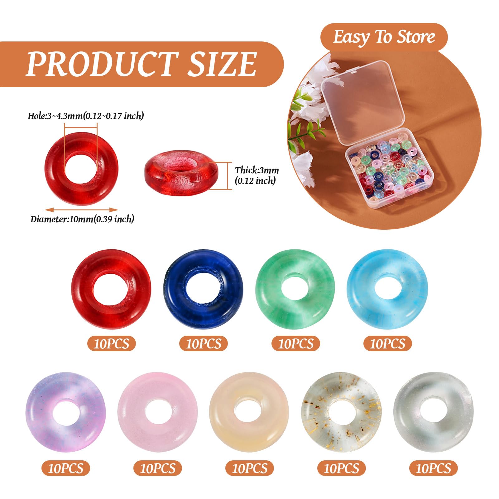 Bestewelry 90Pcs 10mm Glass Round Beads – Transparent Colorful Donut Beads For DIY Jewelry - View #9