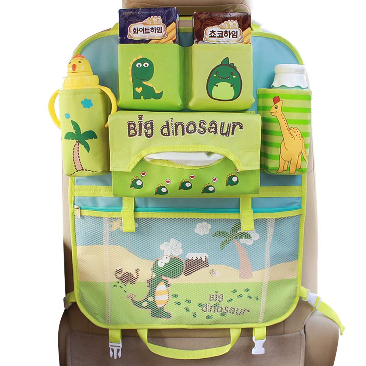 Ergocar Car Organiser Cartoon Kick Mats For Car Kick Mat Car Back Seat Protector Car Seat Organiser With Insulation Bags Hanging Muti-Pockets Storage For Kids Toy Storage (Big Dinosaur - 1 Pack)