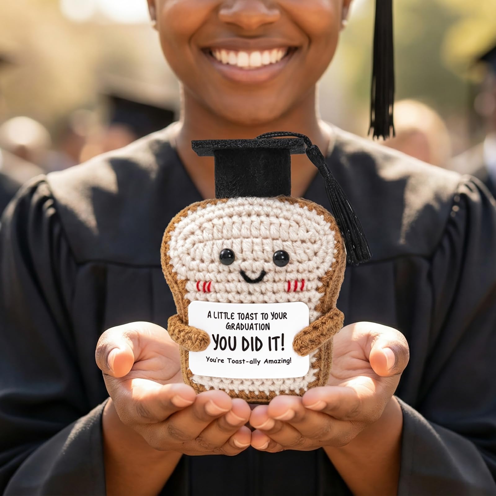 Crisky Handmade Funny Graduation Gifts for Her or Him, Positive Crochet Toast with Little Graduation Card and Grad Caps - You are Totally Amazing - Grad Gifts for College University Masters Degree