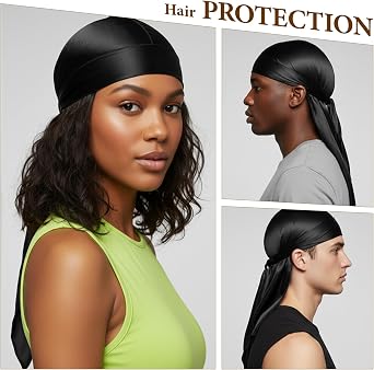 Silky Satin Durag,1 Pcs Long Tail Durag for 360 Waves and Dreadlocks,Black
