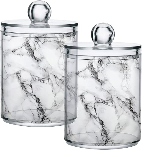 Paquete de 2 soportes organizadores Qtip con elegante textura de mármol blanco, recipiente de almacenamiento de bolas de algodón, recipientes de