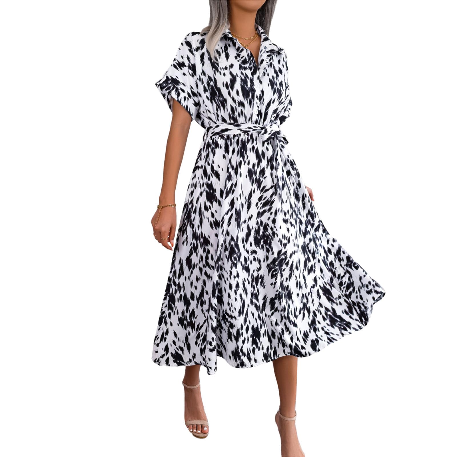 Abito da Donna Leopardo in Chiffon Loose Fit Collo con Revers Maxi Dress Elegante Abito Camicia da Donna con Cintura Prendisole Casual