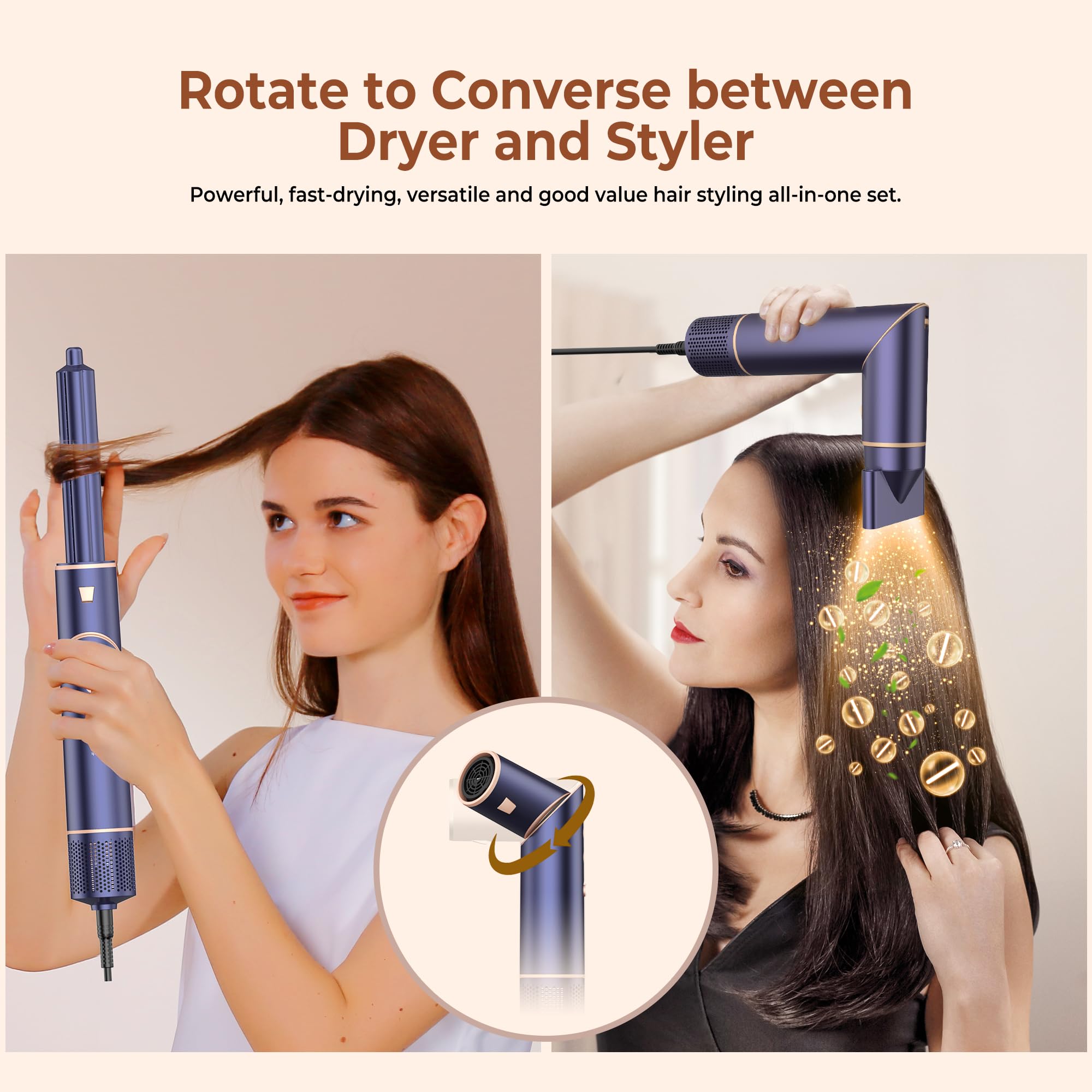 Asciugacapelli Ionico Professionale 7 in 1 [110,000 RPM] Set Styling Capelli con Spazzola Arricciacapelli ad Aria Automatica, Pettine Lisciante e Accessori, 3 Livelli Temperatura e Velocità, Blu