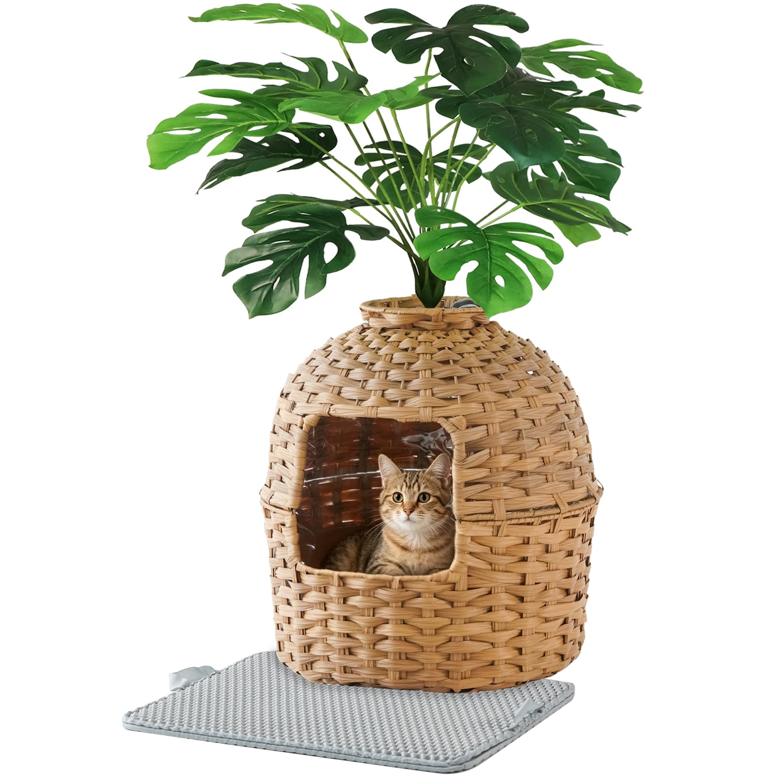 SETVSON Cat Litter Box Enclosure Plant, PE Rattan Kitty House, Natural