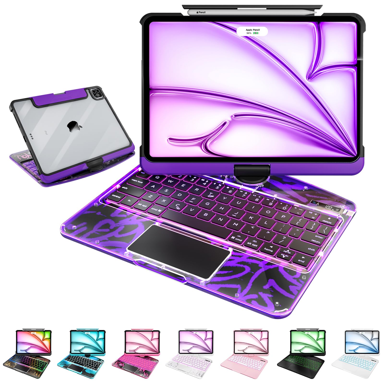 FFENDOUNIU for iPad Air 13 Inch Case with Keyboard (M2-2024, M3-2025), for iPad Pro 12.9 inch(6/5/4/3 Gen) Keyboard Case with 360°Rotating Stand, 7 Colors Backlight, Trackpad, Transparent Purple iPad Air 13-in/iPad Pro12.9-in Transparent Purple