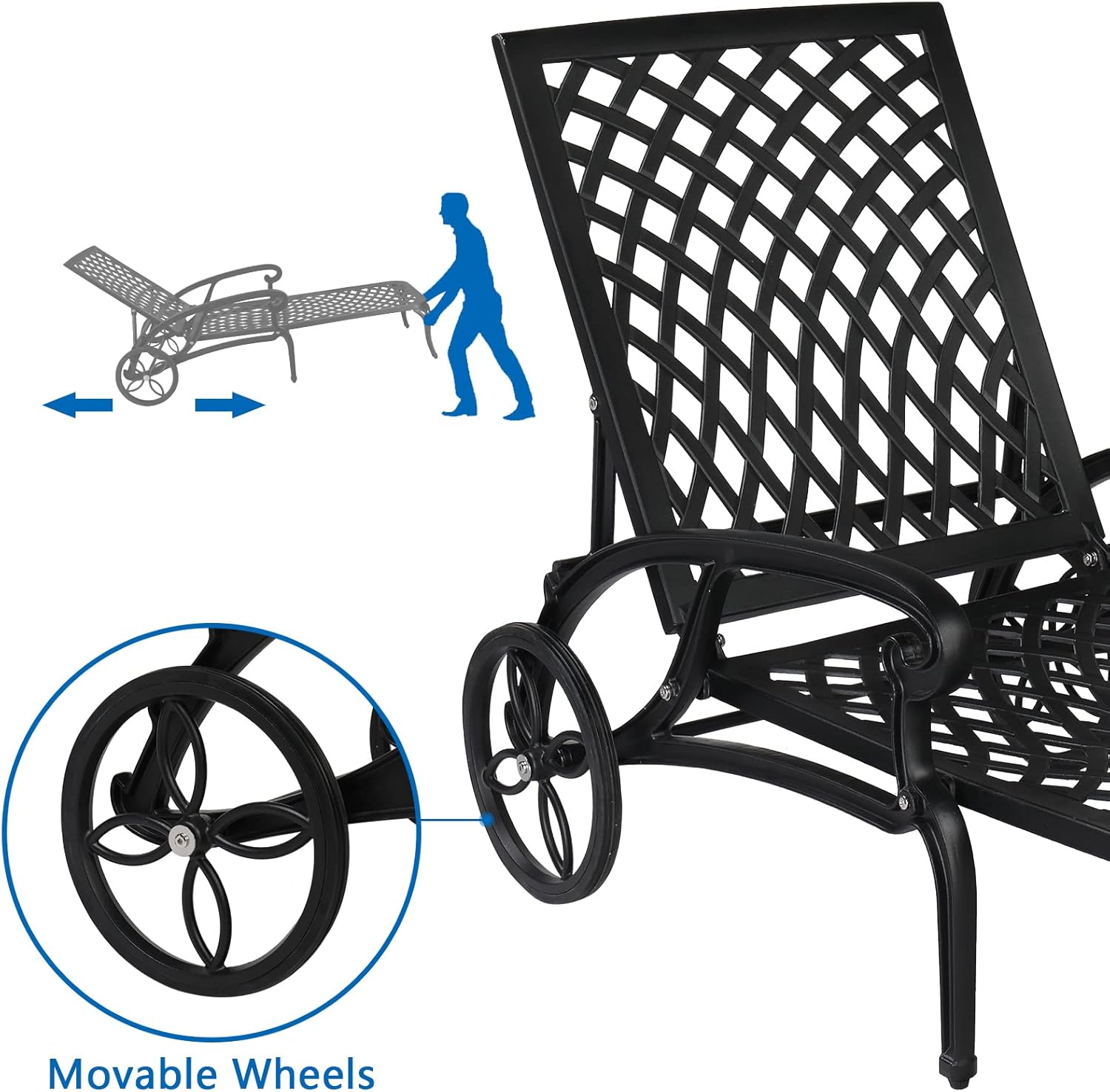 Black Cast Aluminum Adjustable Outdoor Chaise Lounge with Arms