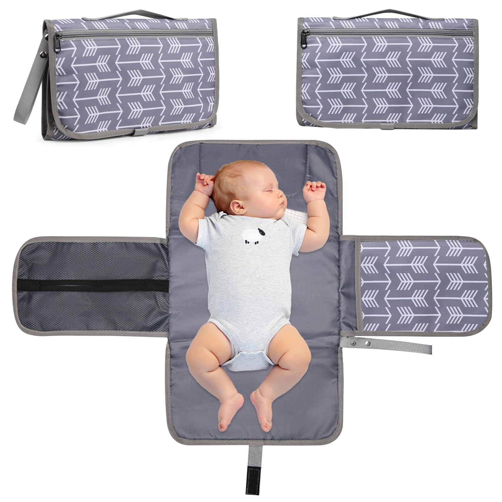Cambiador portátil, cambiador portátil plegable e impermeable, dispensador de toallas y un cómodo cojín, reutilizable, lavable a máquina, viaje y regalo bautizo (gris)