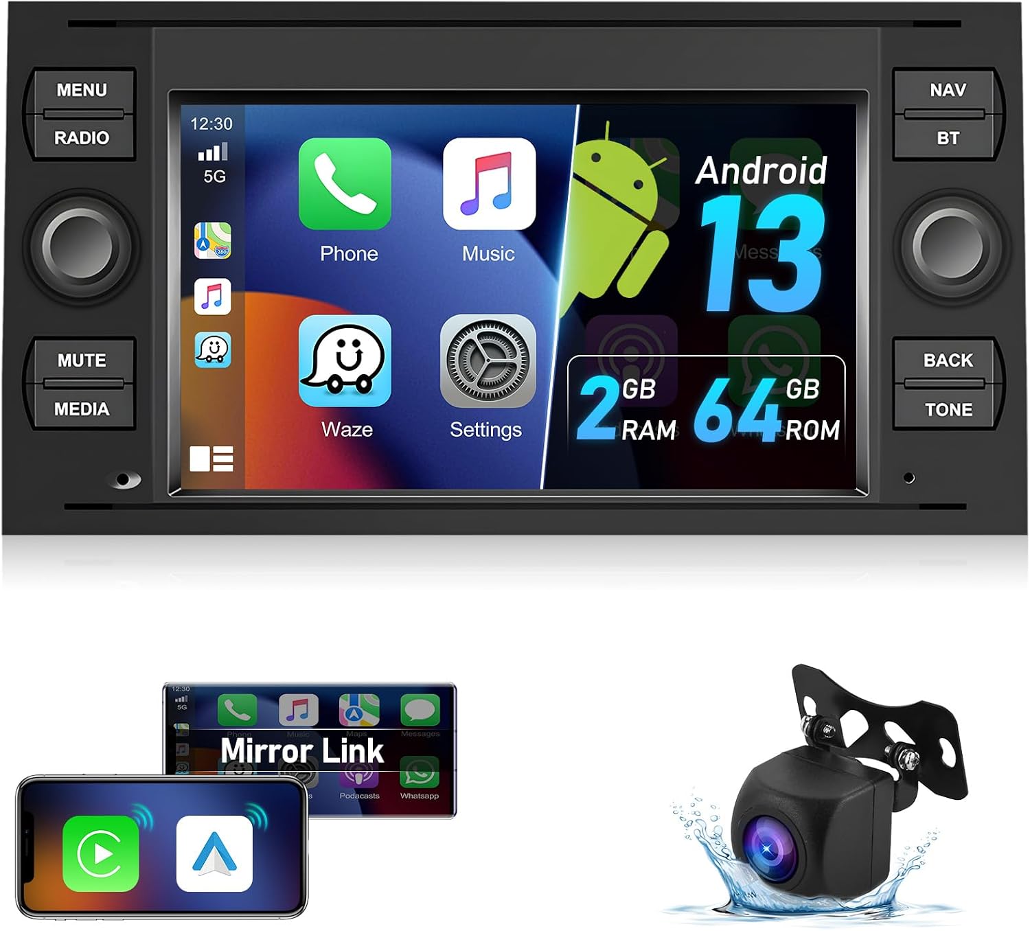 Autoradio Android 13 7'' Pour Ford Focus C-Max S-Max Galaxy Fiesta Mondeo Kuga - CarPlay & Android Auto Sans Fil + Caméra Arrière