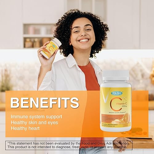 Miniatura 3 de TOLOUS 500 mg de vitamina C, 120 tabletas masticables, suministro para 60 días, suplemento para apoyo inmunológico, sin gluten, sabor a naranja