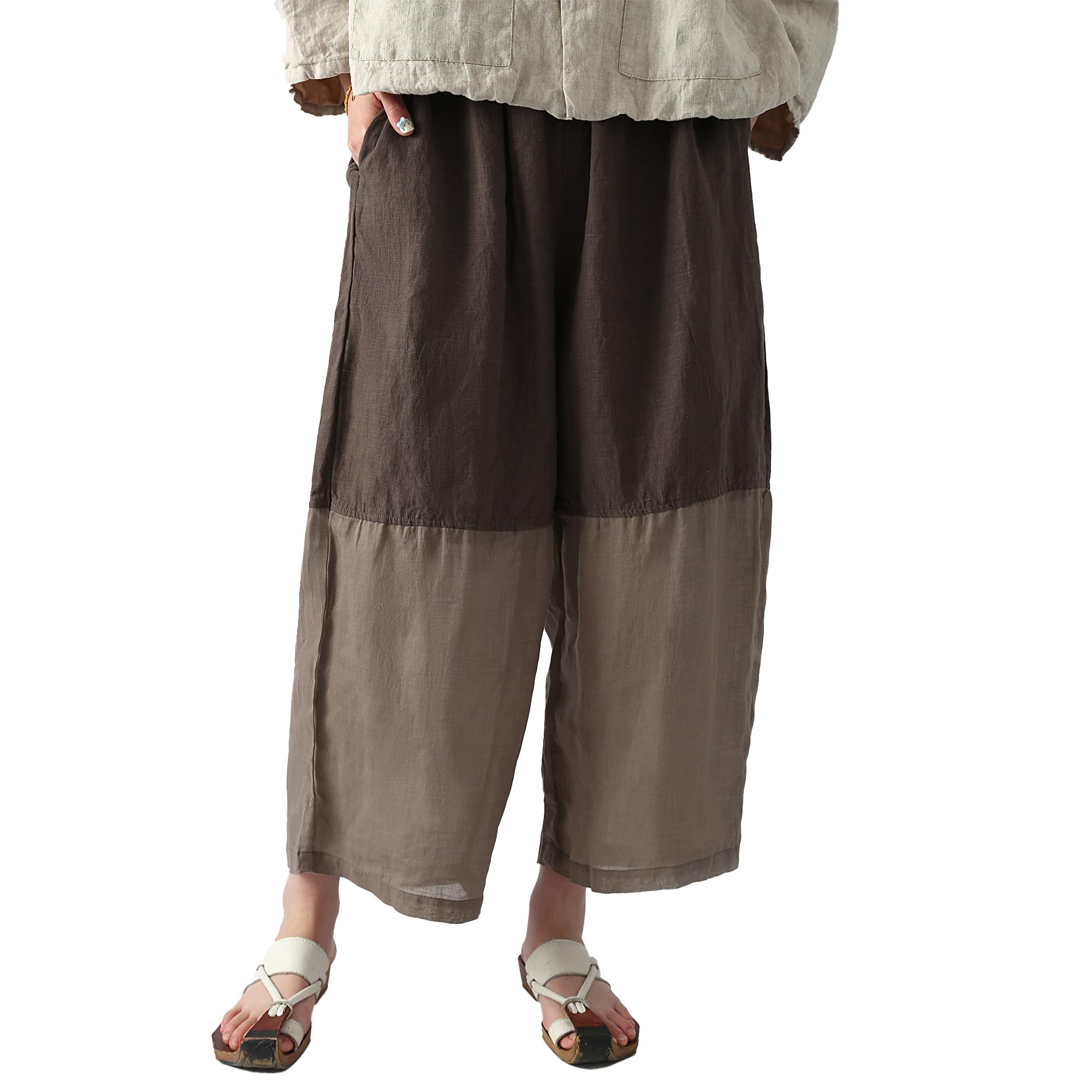 Womens Cropped Wide Leg Linen Pants High Waisted Lightweight Beach Pants with Patchwork Contrast Color