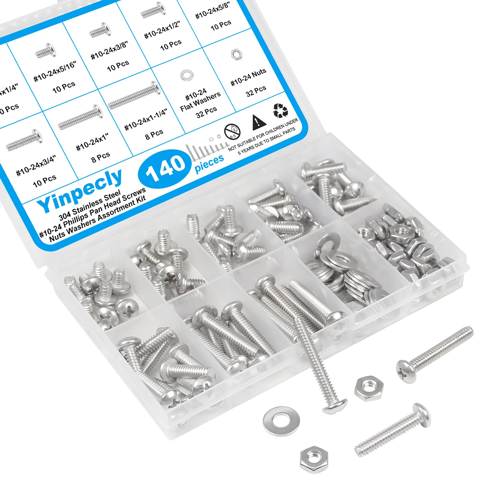 140pcs #10-24 Machine Screws, Nuts & Washers Kit -6