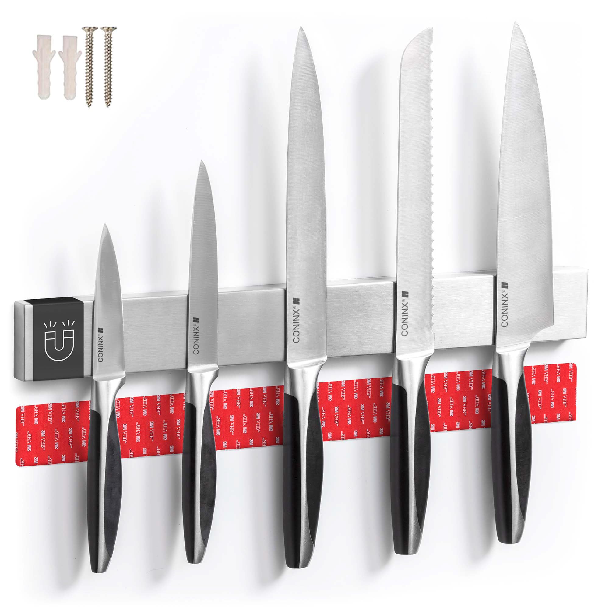 Coninx Magnetleiste Messer 40 cm – Magnetischer Messerhalter aus Edelstahl mit 1400 Gauss – Starke Haftkraft, ohne Bohren montierbar, rostfrei & hygienisch – Messerleiste für Küche