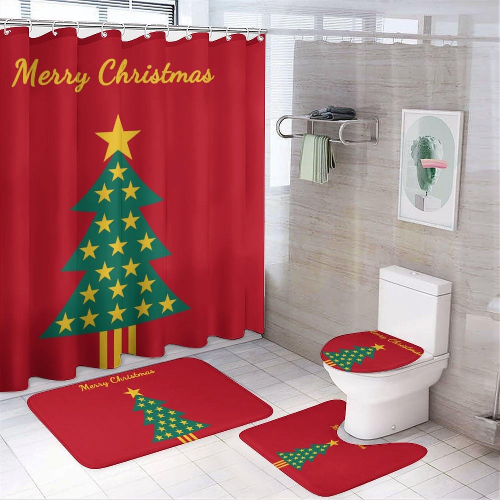 JZemdybill Bathroom Mat Set 4 Piece, Christmas Tree Shower Curtain with Non-Slip Bath Mats for Bathroom
