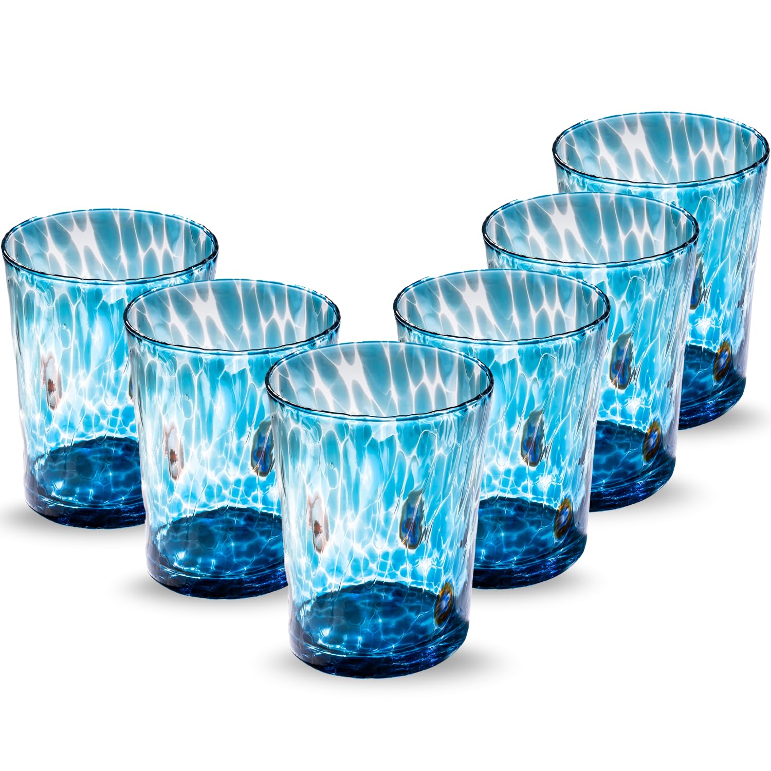 Gocce di Murano Lot de 6 verres à eau fabriqués selon la tradition des artisans de Murano, verre soufflé et travaillé à la main, 300 ml, verres à eau en verre arc-en-ciel pluie