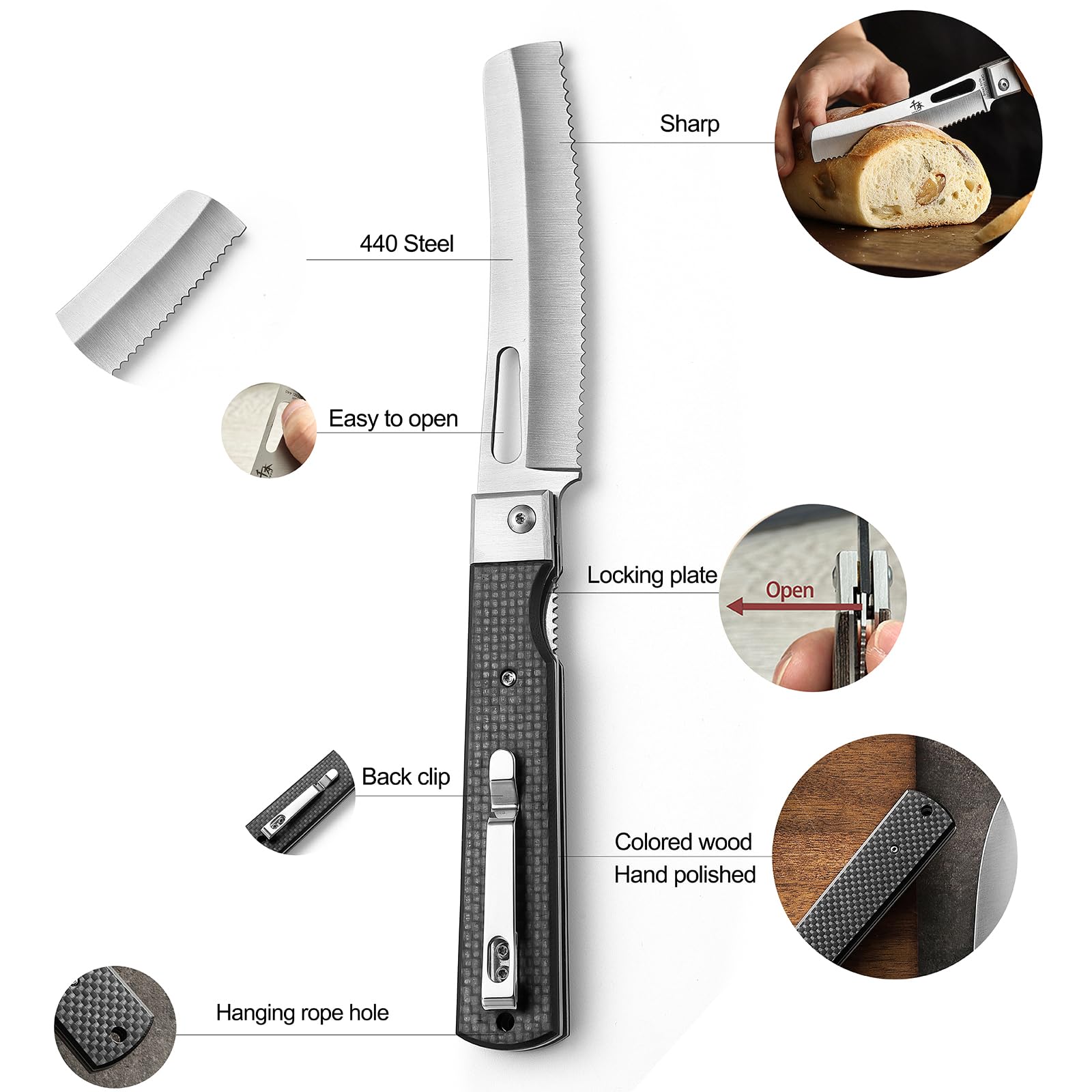 SENBON Couteau à Pain de Camping en Acier Inoxydable - Pliant, Portable, Tranchant Pour Pâtisserie et Voyage - Fibre de Carbone