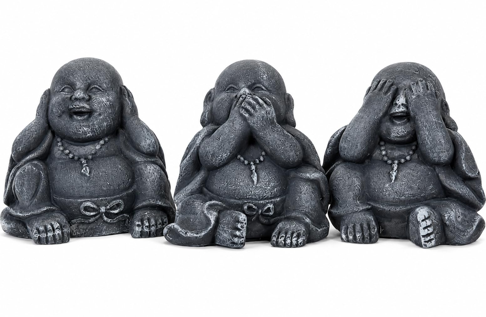 Muddy Hands Set of 3 Wise Buddha Ornaments – See No Evil, Hear No Evil, Speak No Evil Decorative Laughing Buddha Statues – Zen Home, Garden, Shelf & Meditation Décor