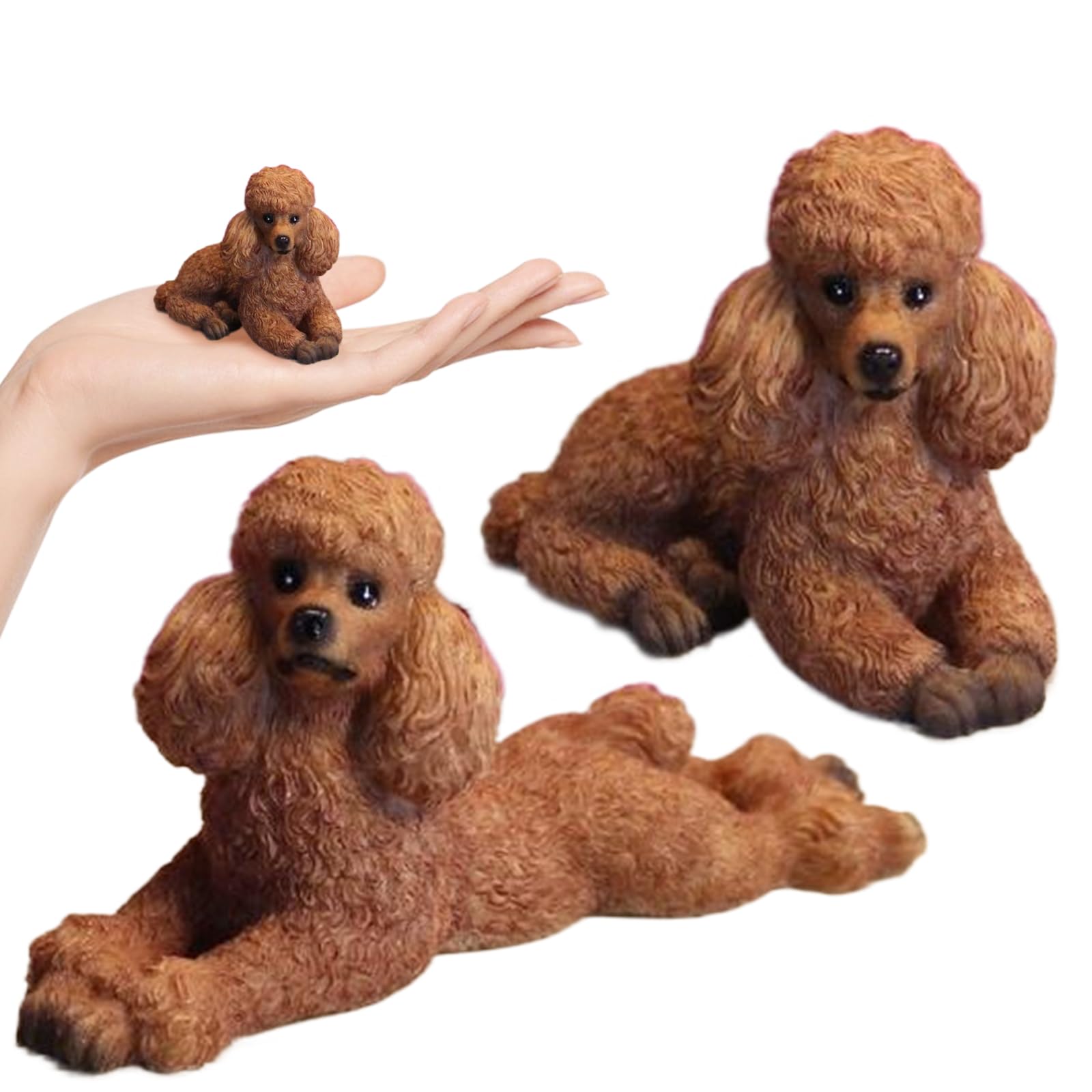 Pesoncarl Poodle Statue 2Pcs 2 Size Lying Posture Toy Poodle Realistic Expressive Figurine Light Brown Resin Dog Statue Decorative Dog Figurines for Shelf, Tabletop, Car Dashboard