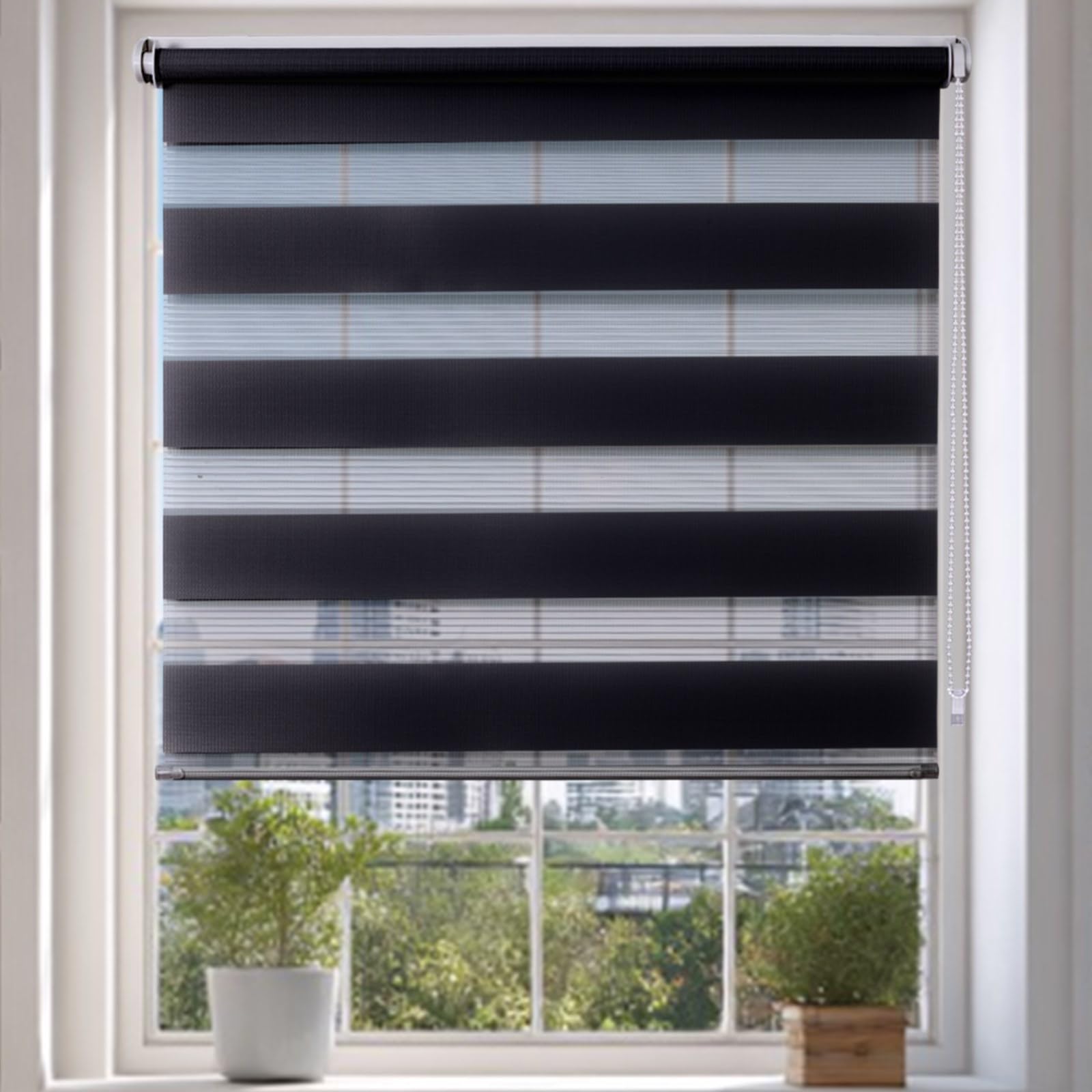 Day and Night Blinds Zebra Blinds No Drill Roller Blinds for Windows Blackout Stick On Self Adhesive Easy Fit Window Blind for Home Bathroom Bedroom Kitchen (Black, 100W x 160H cm)